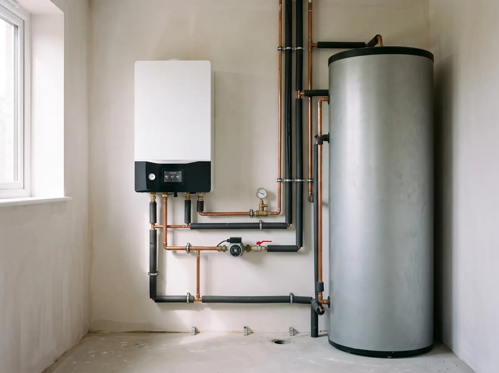 Wandmontierte Hydrobox neben einem vorhandenen Warmwasserspeicher im Hauswirtschaftsraum