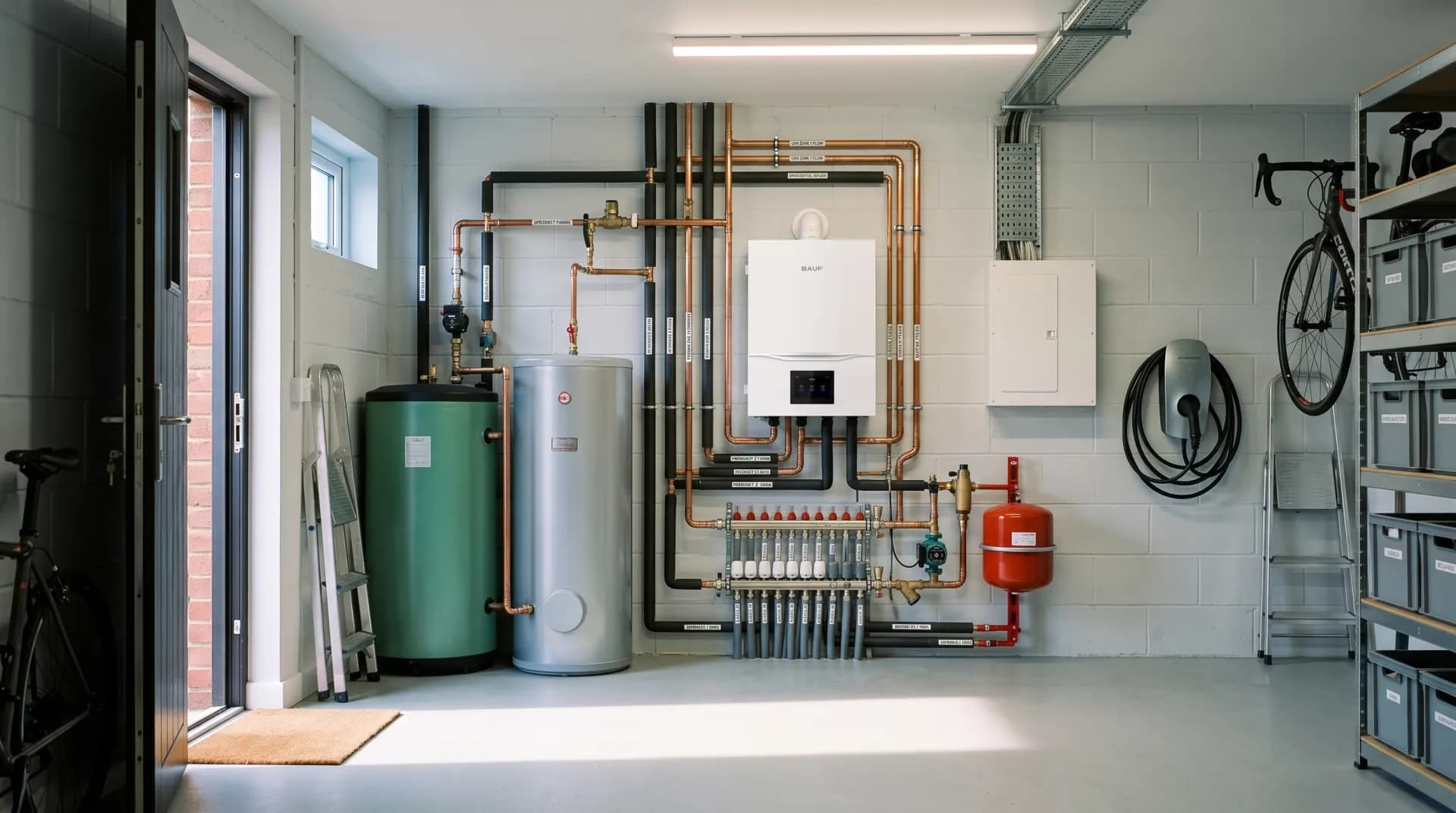 Technikraum mit Wärmepumpe, Pufferspeicher, Warmwasserspeicher, Verteiler, Sicherheitsgruppe und Elektroanschlüssen