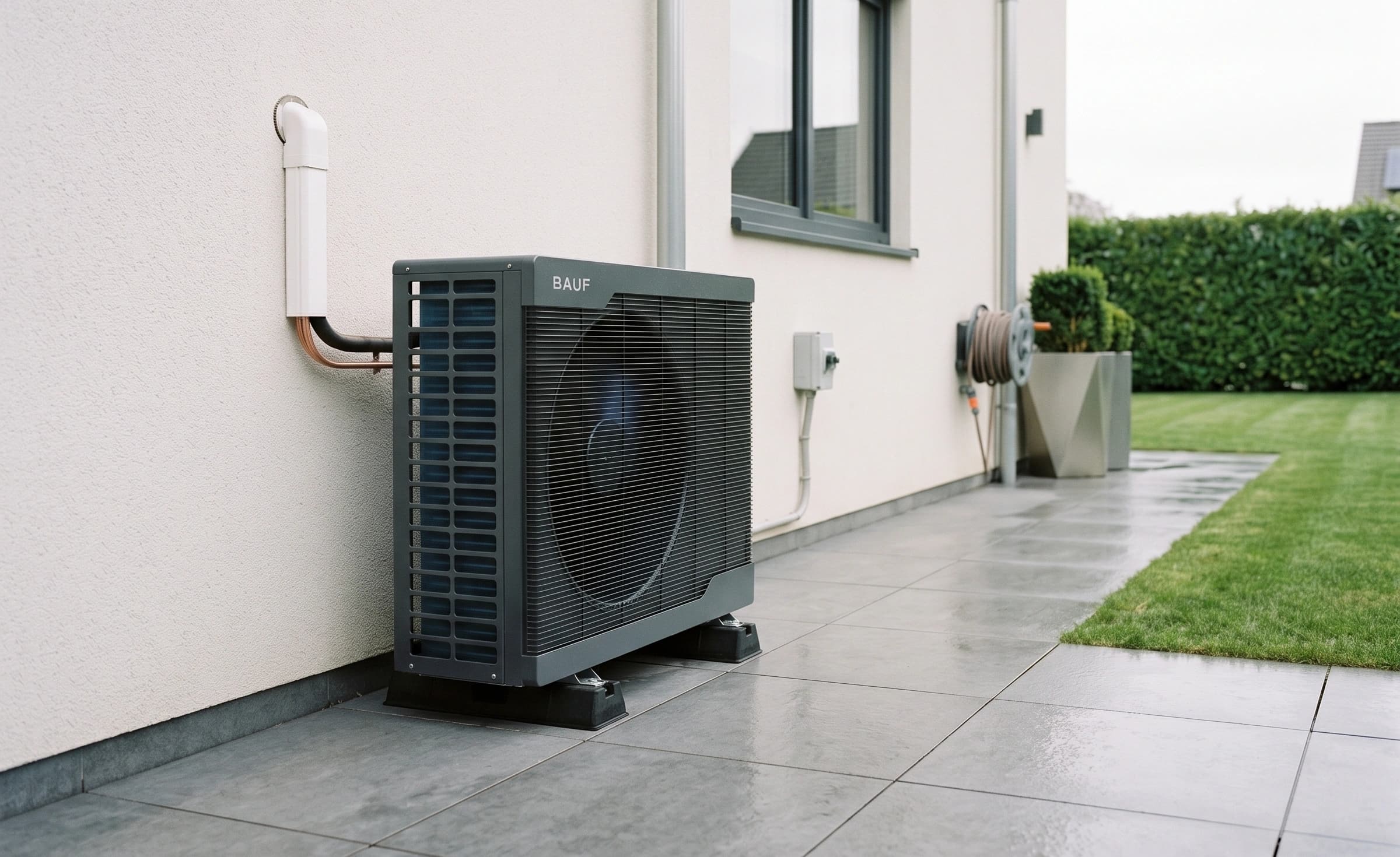Außeneinheit einer Sauer Split-Wärmepumpe neben einem Haus